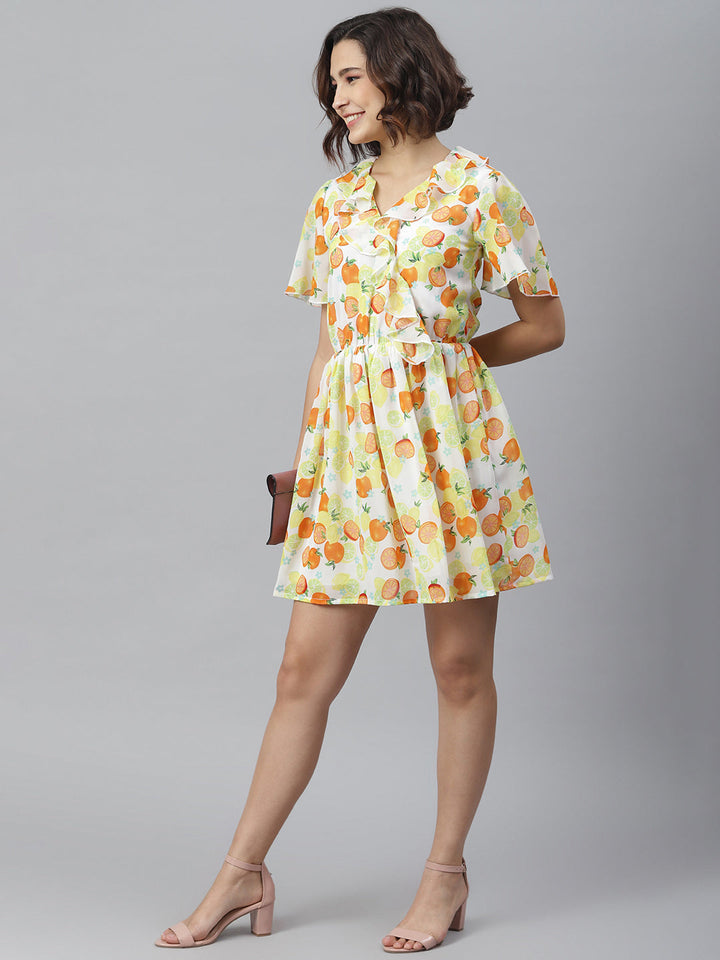 Yellow-&-Orange-Polyester-Fruit-Print-Dress-With-Ruffle