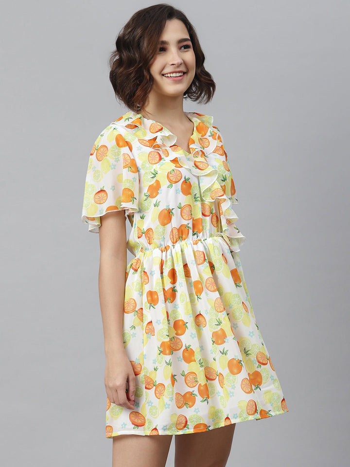 Yellow-&-Orange-Polyester-Fruit-Print-Dress-With-Ruffle