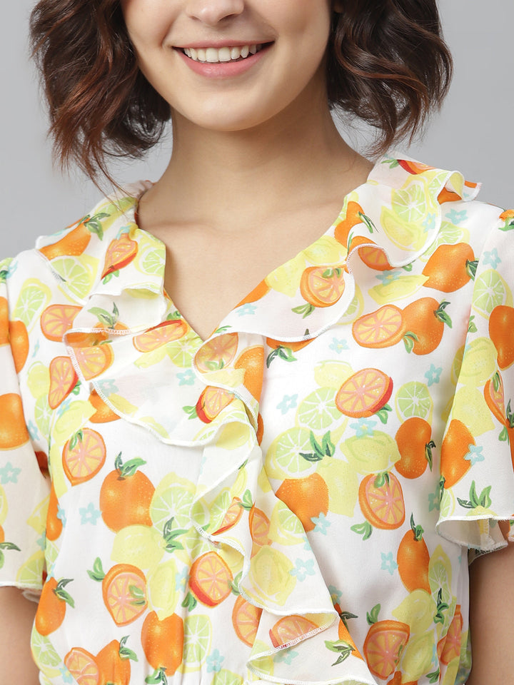 Yellow-&-Orange-Polyester-Fruit-Print-Dress-With-Ruffle