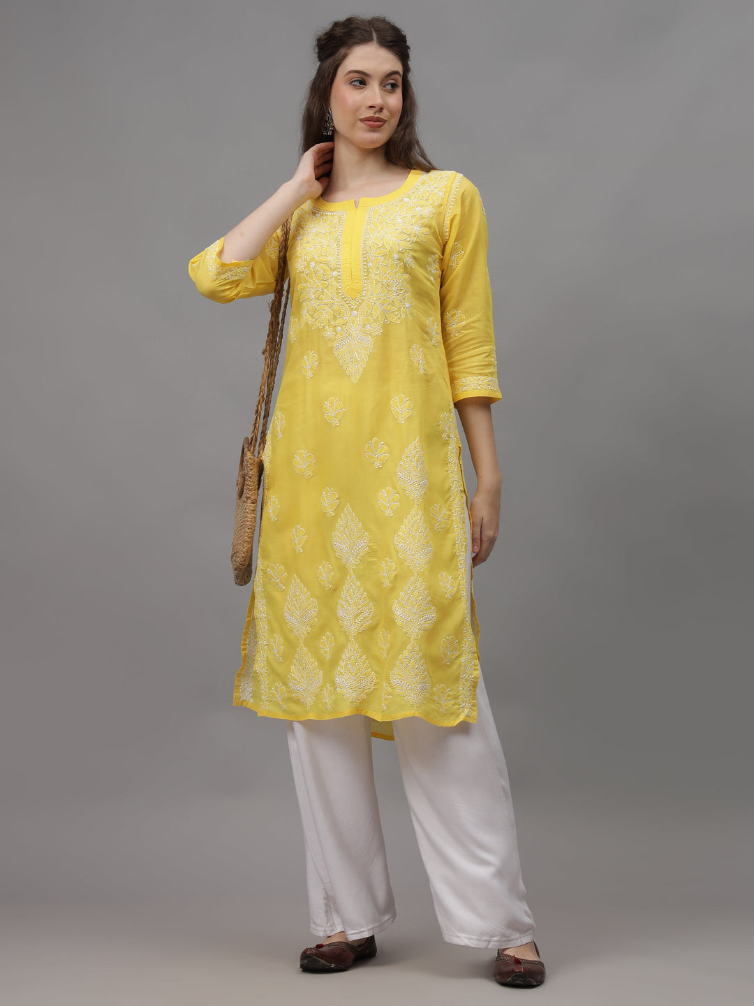 Yellow-&-White-Cotton-Embroidered-Chikankari-Kurta