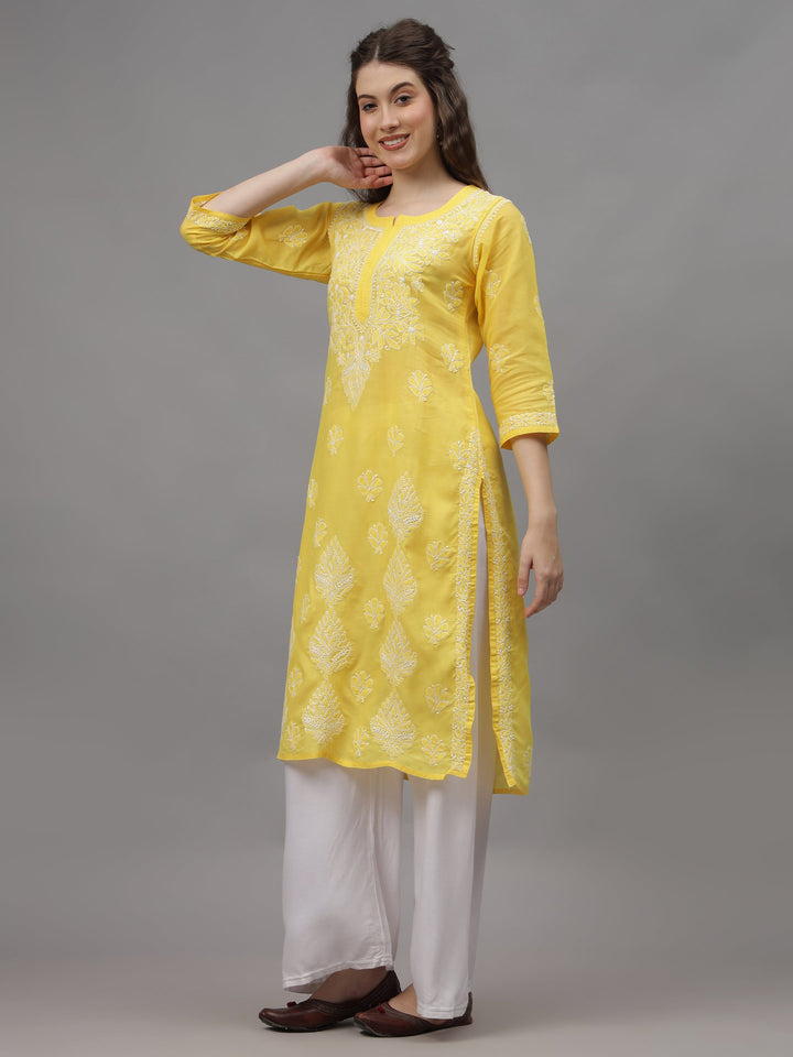 Yellow-&-White-Cotton-Embroidered-Chikankari-Kurta