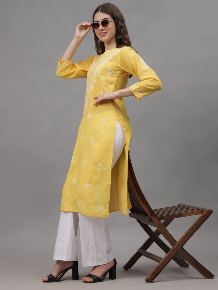 Yellow-&-White-Cotton-Embroidery-Chikankari-Kurta