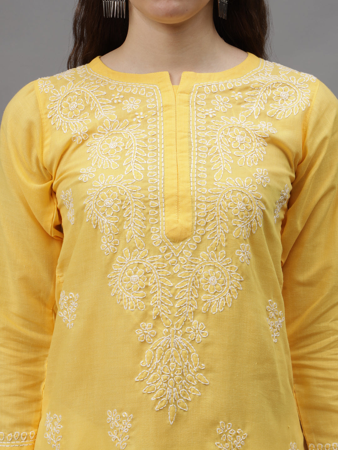 Yellow-&-White-Cotton-Embroidery-Chikankari-Kurta