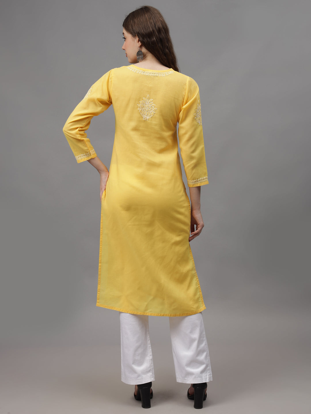 Yellow-&-White-Cotton-Embroidery-Chikankari-Kurta