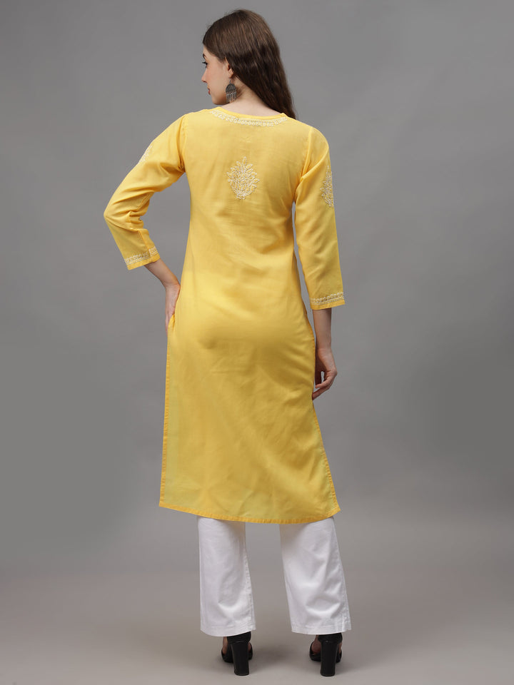 Yellow-&-White-Cotton-Embroidery-Chikankari-Kurta