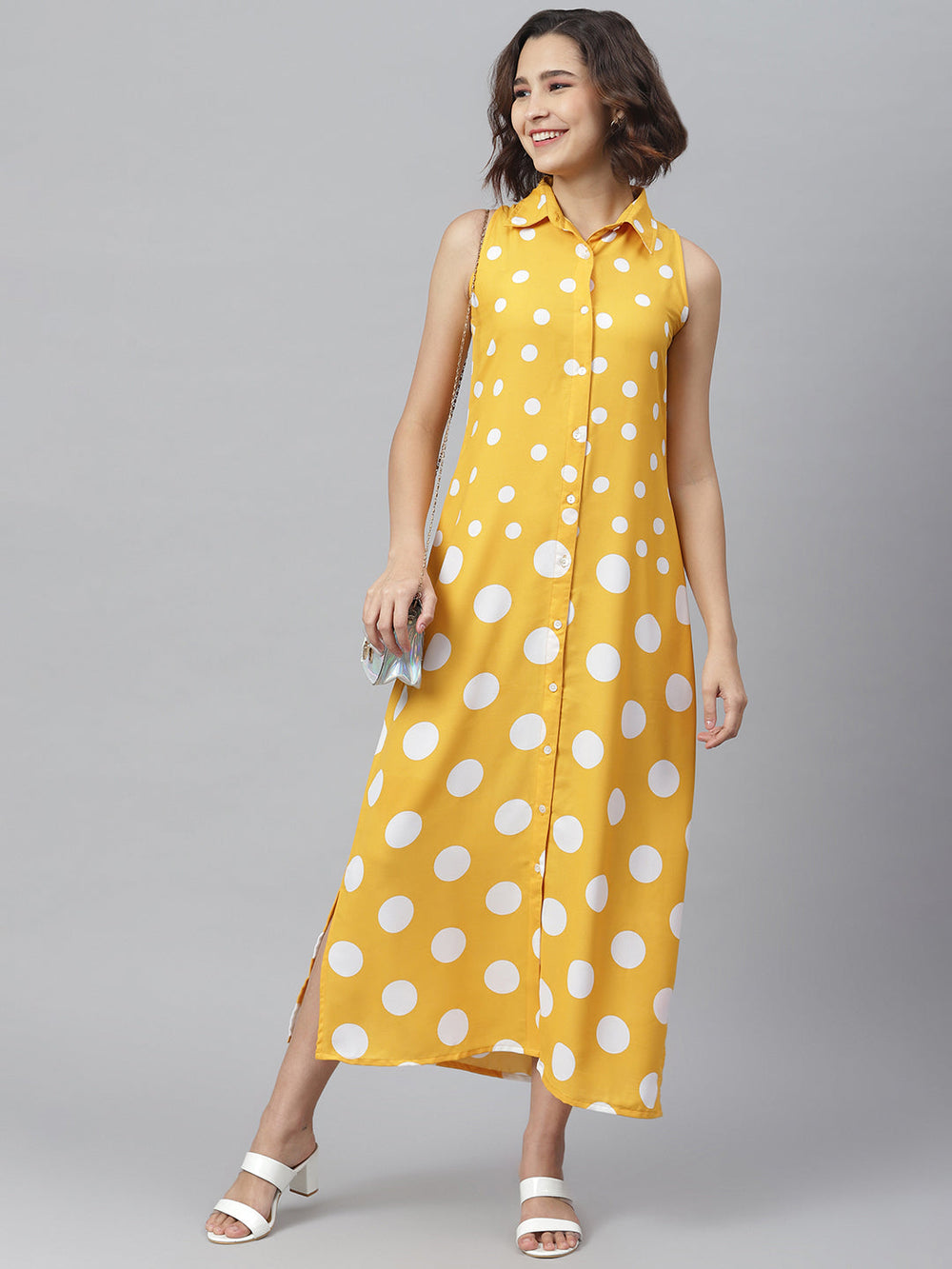 Yellow-&-White-Polyester-Polka-Maxi-Dress