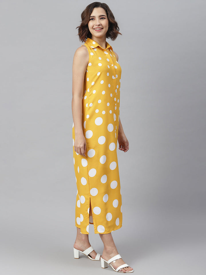 Yellow-&-White-Polyester-Polka-Maxi-Dress