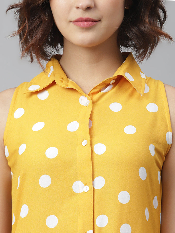 Yellow-&-White-Polyester-Polka-Maxi-Dress