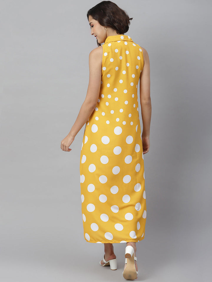 Yellow-&-White-Polyester-Polka-Maxi-Dress