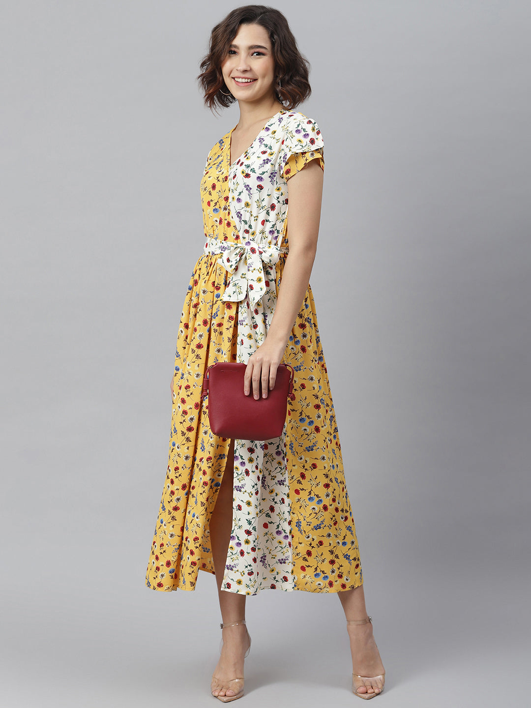 Yellow-&-White-Polyester-Wrap-Dress-With-Contrast-Panel
