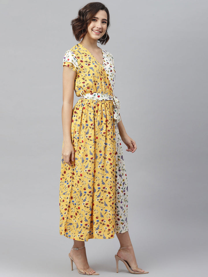 Yellow-&-White-Polyester-Wrap-Dress-With-Contrast-Panel