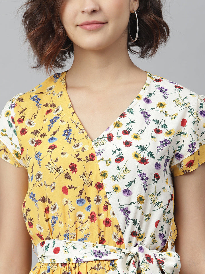 Yellow-&-White-Polyester-Wrap-Dress-With-Contrast-Panel