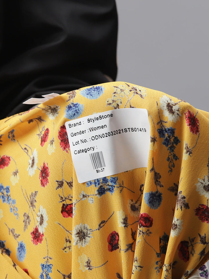 Yellow-&-White-Polyester-Wrap-Dress-With-Contrast-Panel