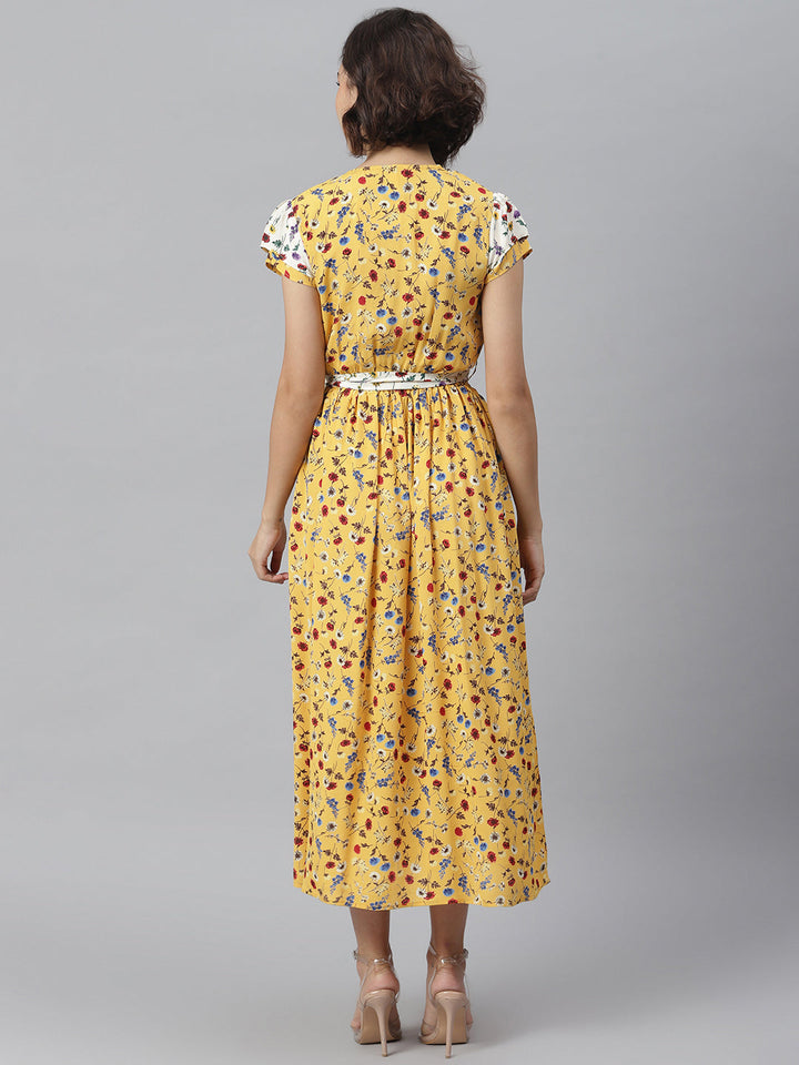 Yellow-&-White-Polyester-Wrap-Dress-With-Contrast-Panel