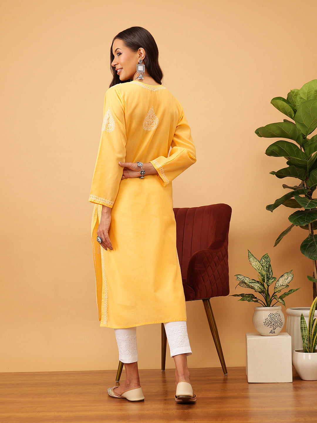 Yellow & White Sustainable Cotton Chikankari Kurta