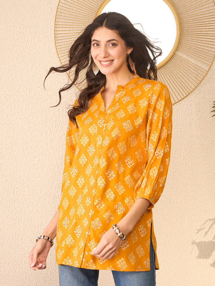 Yellow-Cotton-Blend-Floral-Printed-Tunic-Only