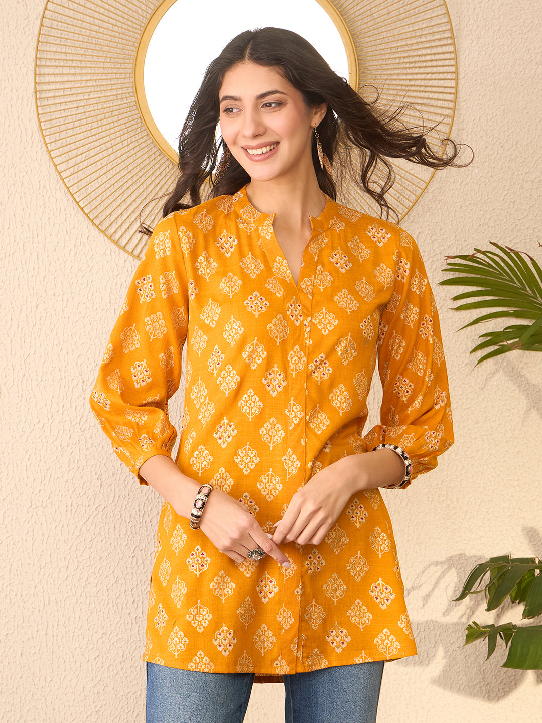 Yellow-Cotton-Blend-Floral-Printed-Tunic-Only