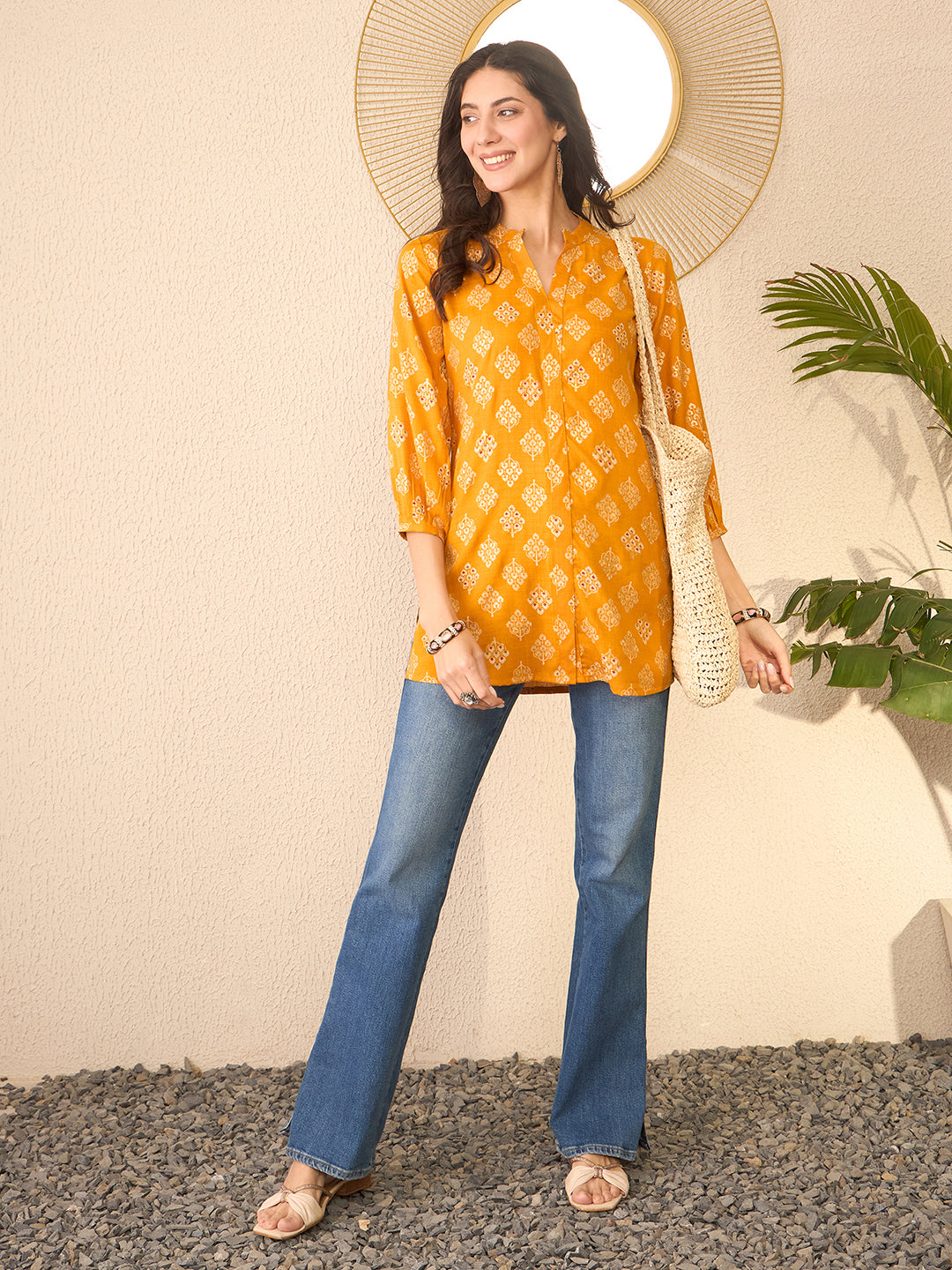 Yellow-Cotton-Blend-Floral-Printed-Tunic-Only