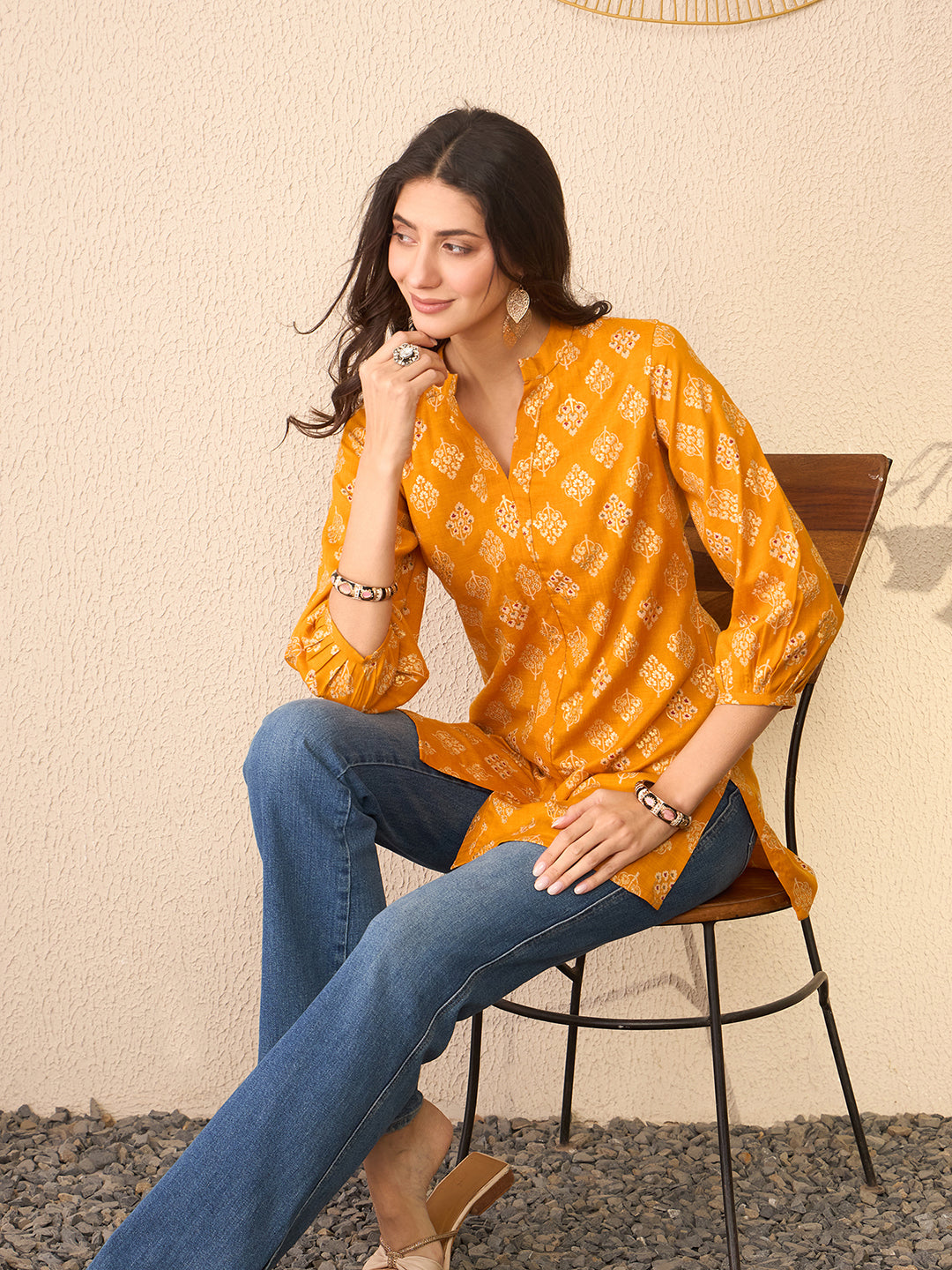 Yellow-Cotton-Blend-Floral-Printed-Tunic-Only