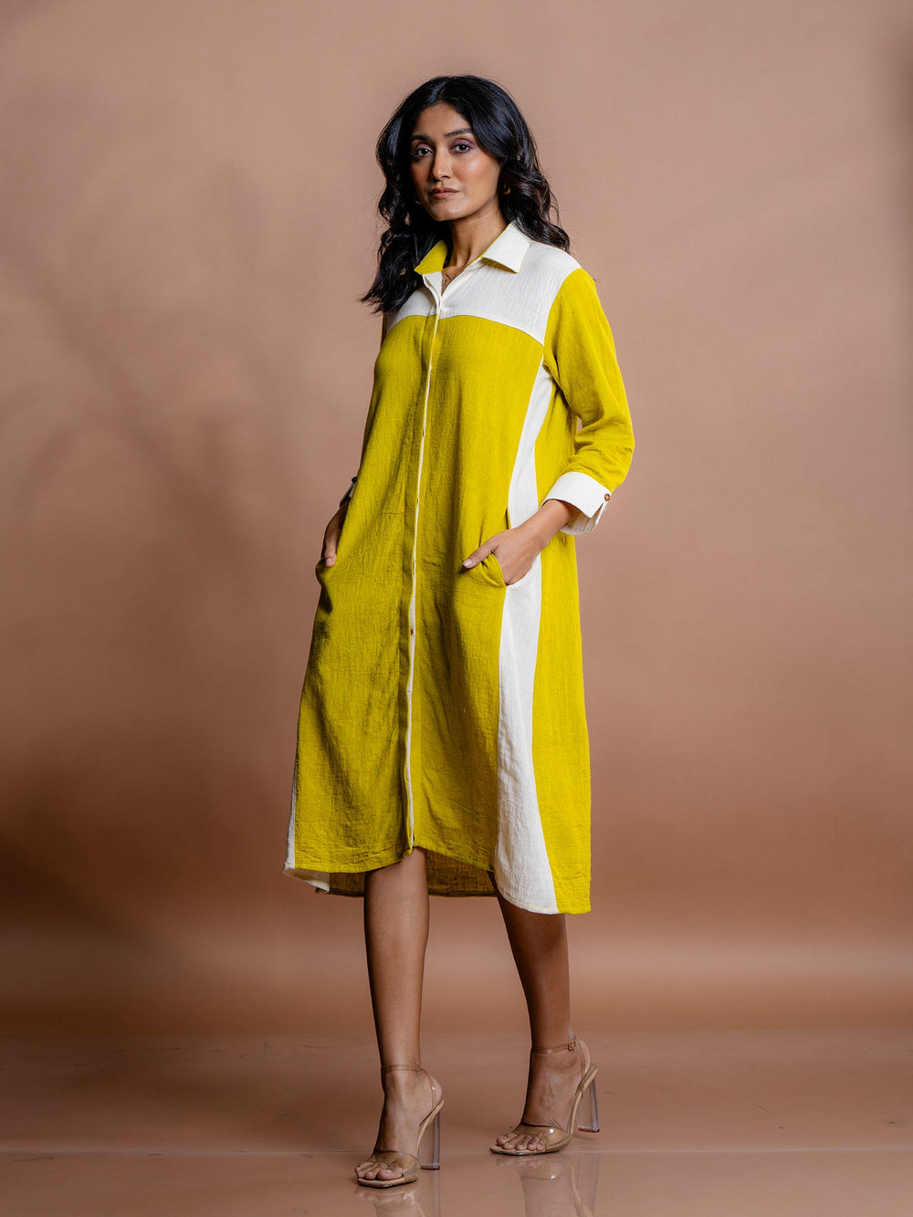 Yellow-Cotton-Shirt-Style-Midi-Dress