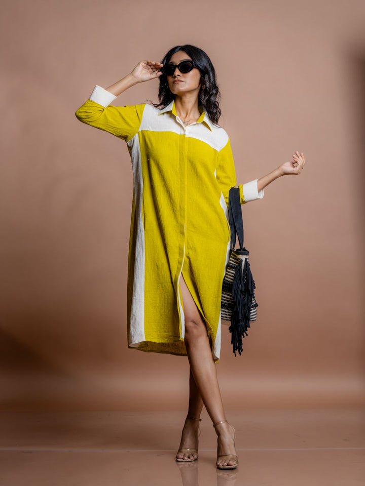 Yellow-Cotton-Shirt-Style-Midi-Dress