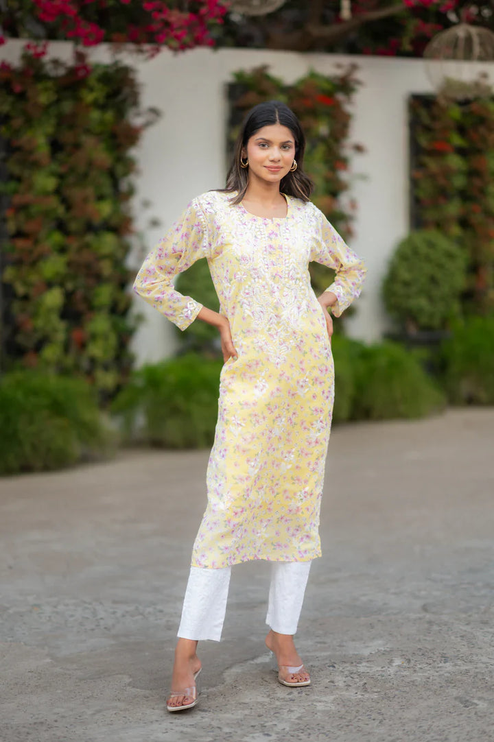 Yellow-Georgette-Chikankari-Kurta-With-Slip