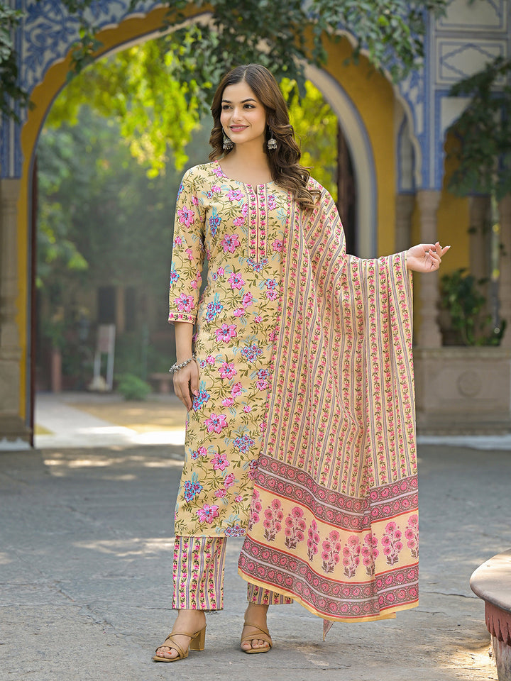 Yellow-Rayon-Blend-Floral-Printed-3-Piece-Kurta-Set