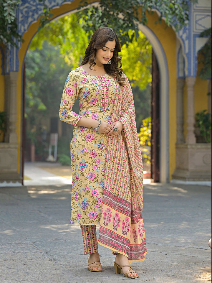 Yellow-Rayon-Blend-Floral-Printed-3-Piece-Kurta-Set