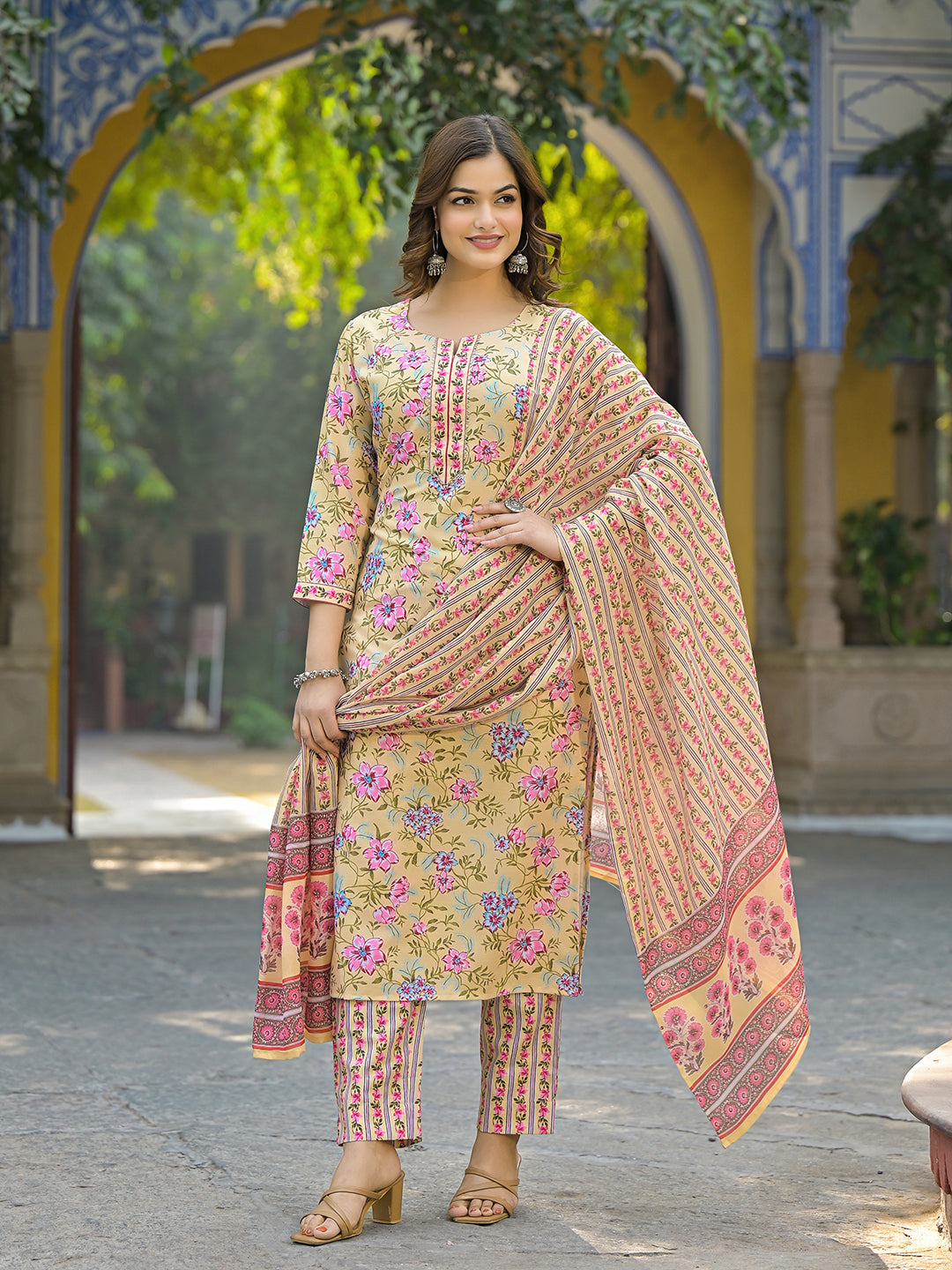 Yellow-Rayon-Blend-Floral-Printed-3-Piece-Kurta-Set