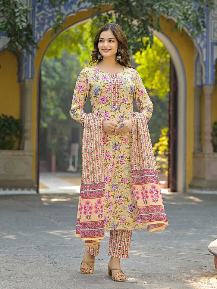 Yellow-Rayon-Blend-Floral-Printed-3-Piece-Kurta-Set
