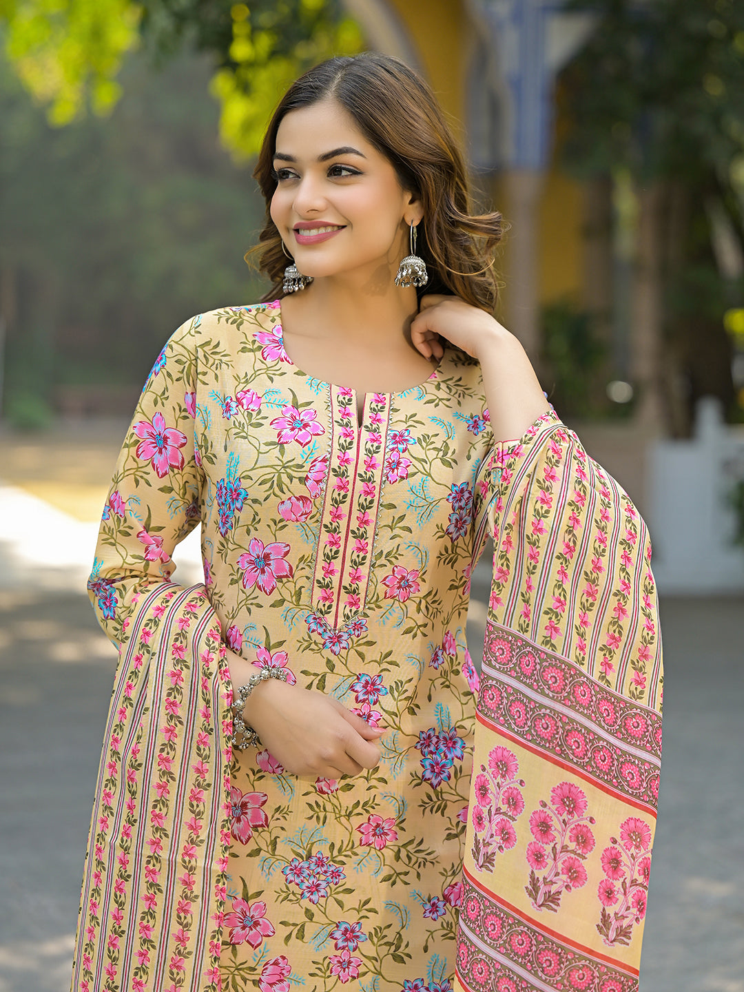 Yellow-Rayon-Blend-Floral-Printed-3-Piece-Kurta-Set