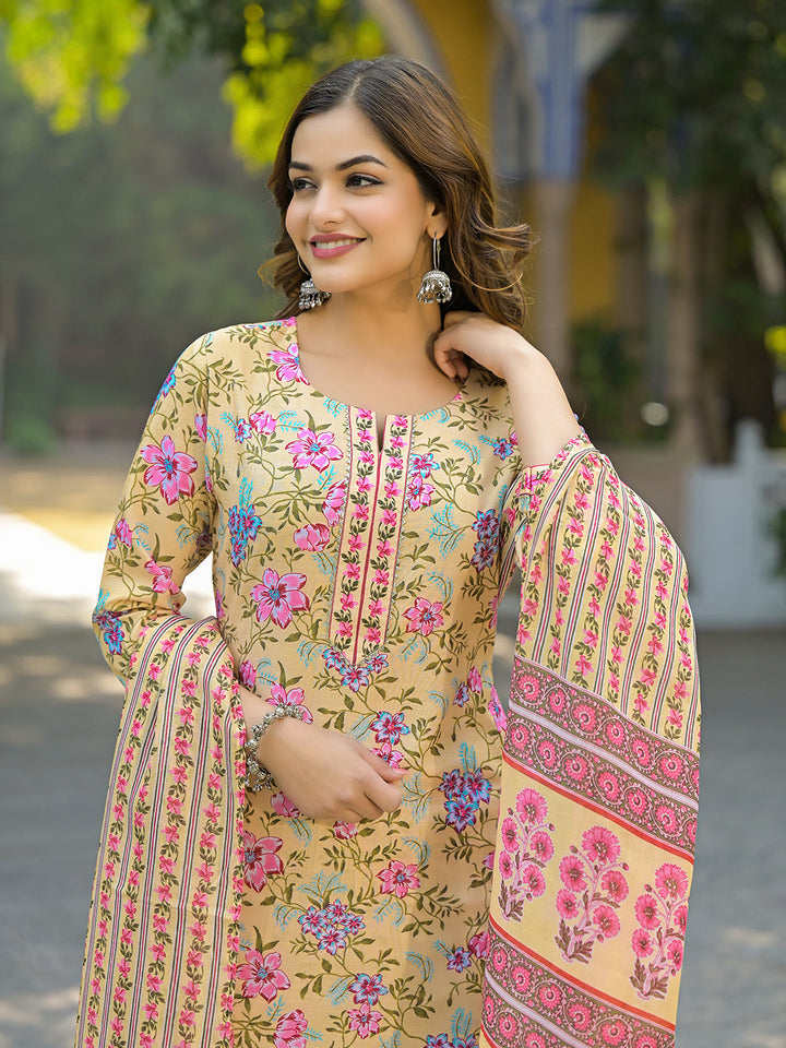 Yellow-Rayon-Blend-Floral-Printed-3-Piece-Kurta-Set