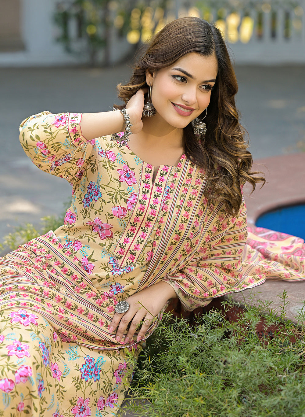 Yellow-Rayon-Blend-Floral-Printed-3-Piece-Kurta-Set