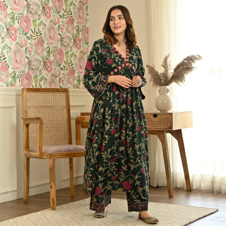 Emerald Green Front Gathered Kurta & Pant Set