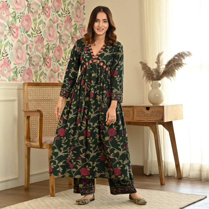 Emerald Green Front Gathered Kurta & Pant Set