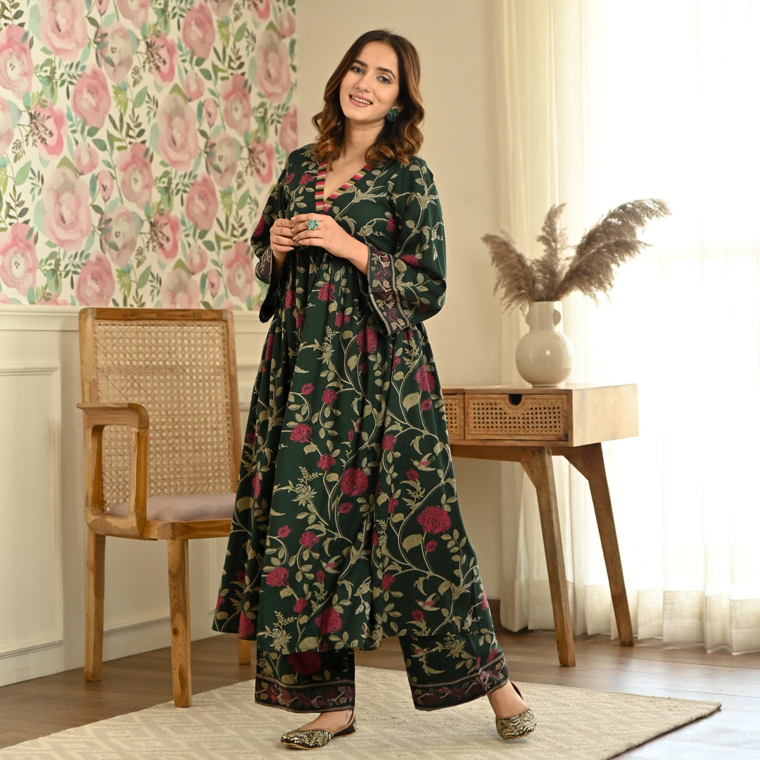 Emerald Green Front Gathered Kurta & Pant Set