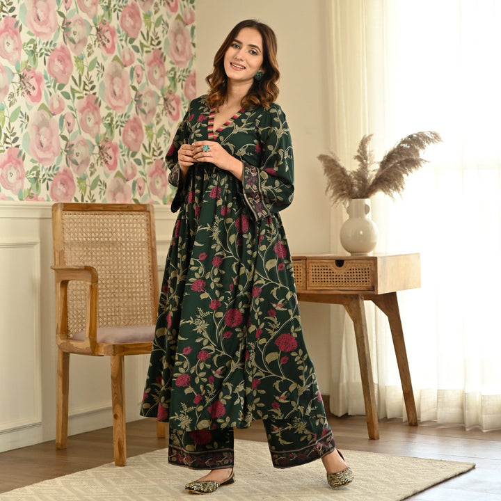 Emerald Green Front Gathered Kurta & Pant Set