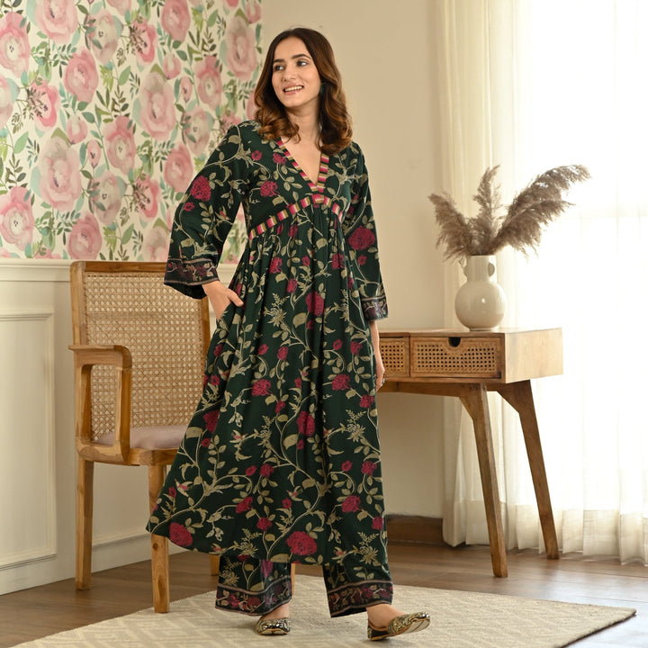 Emerald Green Front Gathered Kurta & Pant Set