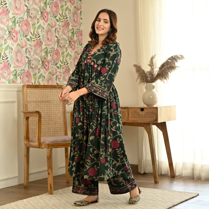 Emerald Green Front Gathered Kurta & Pant Set