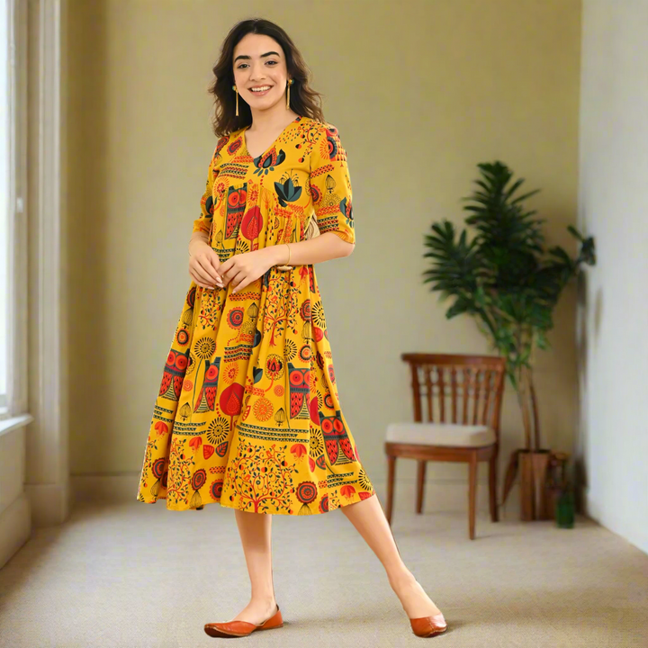 Yellow Abstract Print Flared Dress