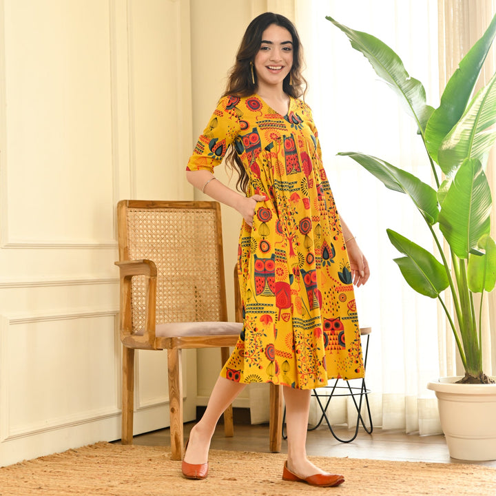 Yellow Abstract Print Flared Dress