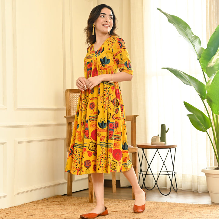 Yellow Abstract Print Flared Dress