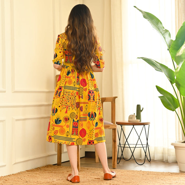 Yellow Abstract Print Flared Dress