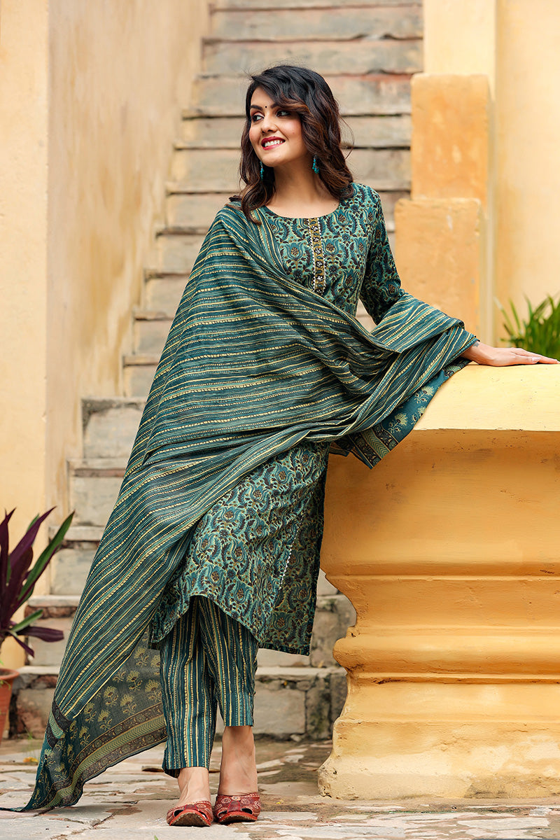 ZERESOUQ-Green-Rayon-Blend-Ethnic-Motifs-Suit-Set