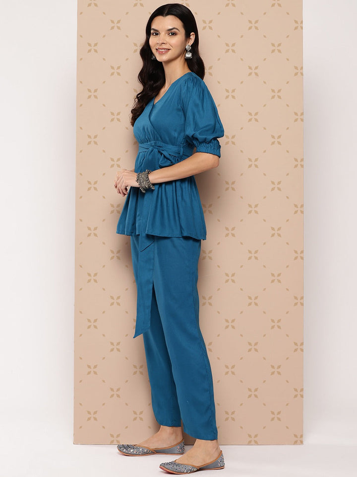 Teal Blue Solid Pure Cotton Top With Trousers Co-Ord Set
