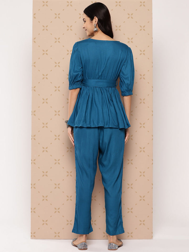 Teal Blue Solid Pure Cotton Top With Trousers Co-Ord Set