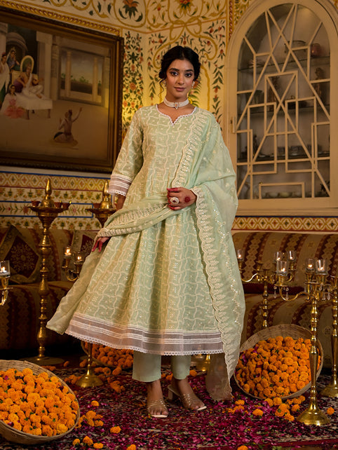 Green Pure Cotton Sequined Work Anarkali Kurta Set