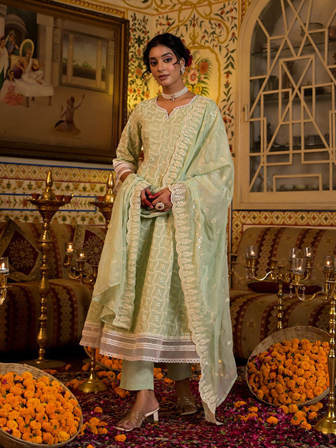 Green Pure Cotton Sequined Work Anarkali Kurta Set