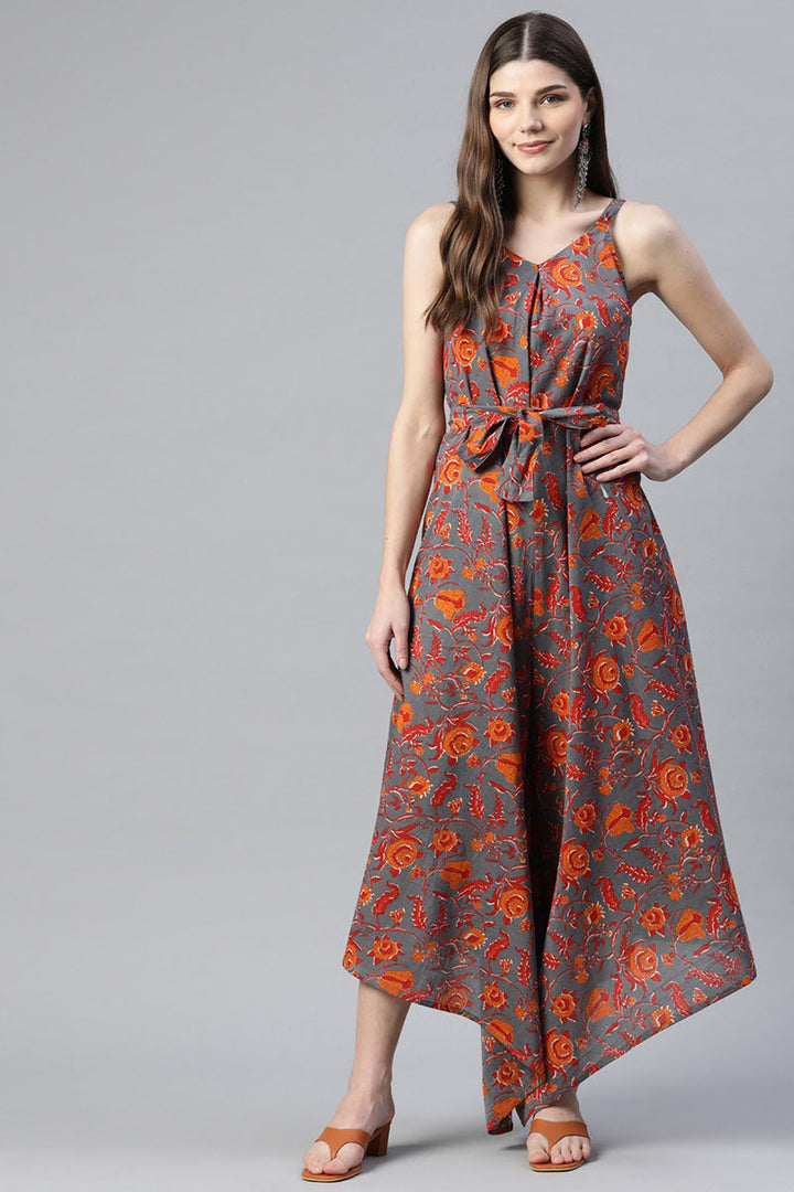Grey Cotton Hankerchief Jumpsuit with Red Floral Prints