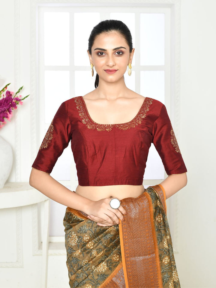 ZERESOUQ-Deep-Maroon-Elbow-Length-Embroidered-Blouse